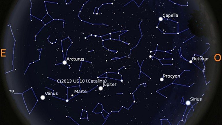 Céu visível às 6 horas do dia 15 de dezembro em Lisboa, com Vénus, Marte, Júpiter e o cometa Catalina
