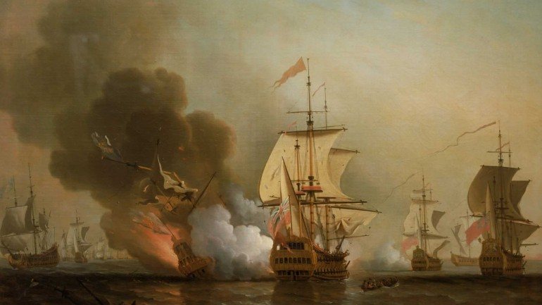 O momento do ataque ao galeão San José retratado numa pintura de Samuel Scott.