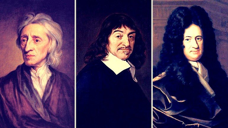 Da esquerda para a direita: os filósofos John Locke, René Descartes e Gottfried Wilhelm Leibniz