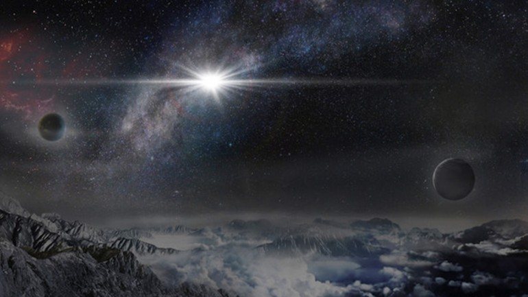 Ilustração da supernova superluminosa ASASSN-15lh vista de um exoplaneta na galáxia onde está localizada