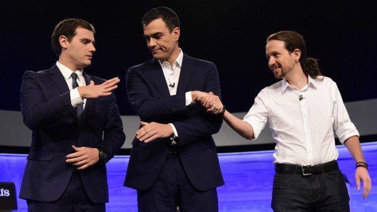 Albert Rivera (Ciudadanos), Pedro Sánchez (PSOE) e Pablo Iglesias (Podemos)