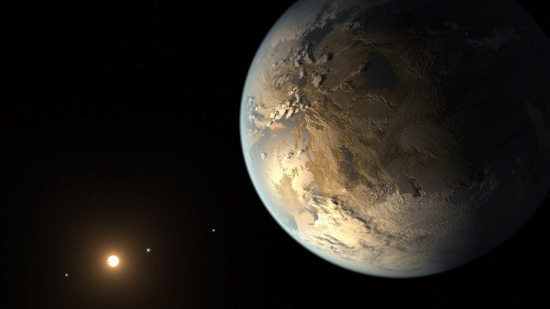 Ilustração do exoplaneta Kepler-186f, o primeiro com características semelhantes à Terra a ser descoberto pelas missões Kepler numa zona habitável