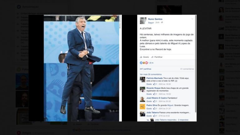 Captura de ecrã ao Facebook do jornalista de Nuno Santos, onde se pode ver uma fotografia do fotojornalista Miguel A. Lopes do selecionador português &quot;a levitar&quot;
