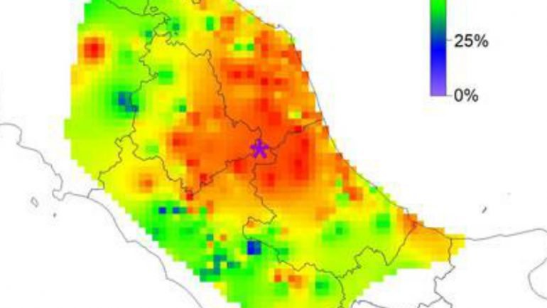 O mapa mostra avalia o medo sentido pelos italianos na madrugada de quarta-feira