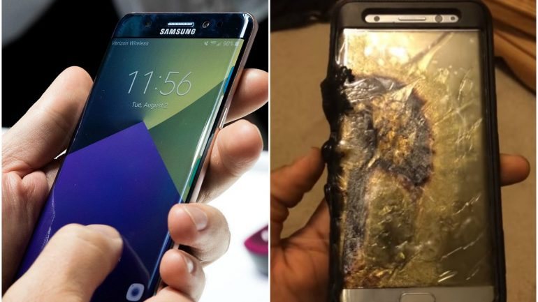 Um modelo do Samsung Galaxy Note 7 novo ao lado de um dos dispositivos que teve problemas com a bateria