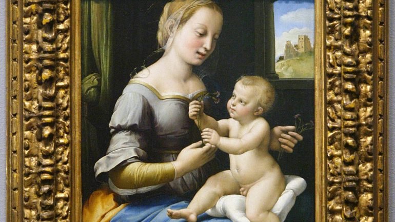 Da obra de Rafael destaca-se o conjunto de pinturas sobre a Virgem Maria, as suas Madonas