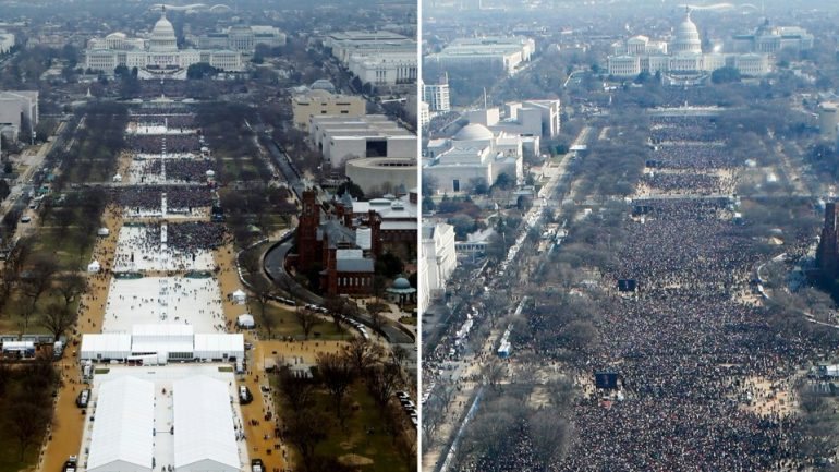 As imagens da discórdia: a tomada de posse de Donald Trump à esquerda (sexta-feira), a de Barack Obama à direita (2009).