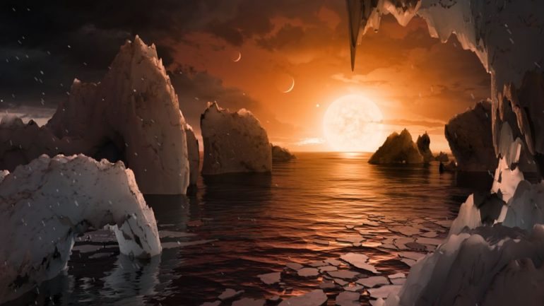 Simulação feita pela NASA que representa a possível paisagem de um dos planetas