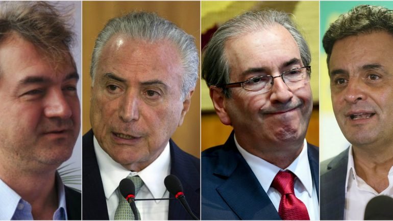 O empresário Joesley Batista, o Presidente Michel Temer, o deputado Eduardo Cunha e o senador Aécio Neves são quatro das figuras deste caso