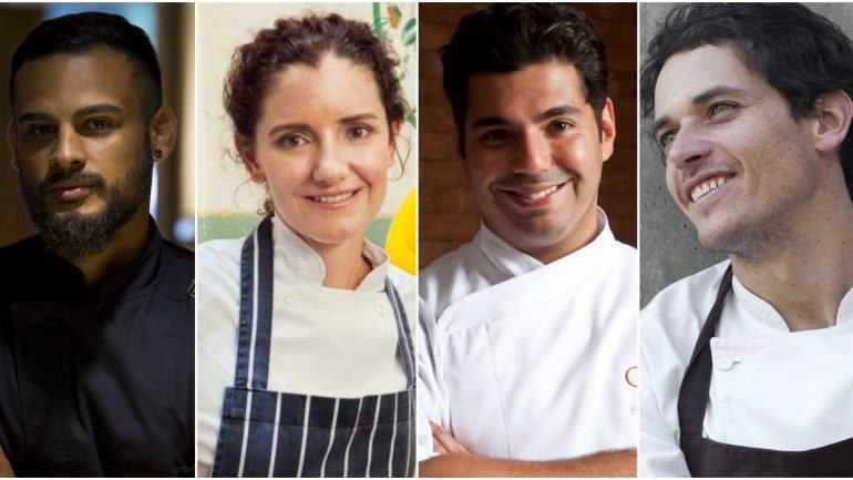 Os quatro chefs latino-americanos convidados para o evento: Jorge Muñoz, peruano, Elena Reygadas, mexicana, Felipe Bronze, brasileiro e Rodolfo Guzman, chileno.