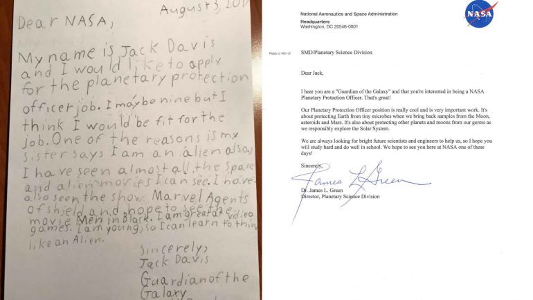 A carta que Jack Davis escreveu à mão está assinada como &quot;Guardião da Galáxia&quot;, do quarto ano