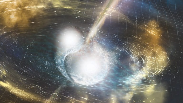 Ilustração da colisão das estrelas de neutrões com formação das ondas gravitacionais e explosão de raios gama