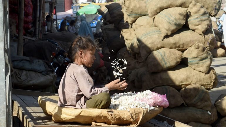 Uma menina paquistanesa a limpar alho num mercado em Lahore.