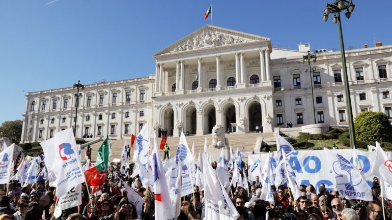 Manifestação de professores, frente à Assembleia da República, pela não contabilização do tempo em que as carreiras tiveram congeladas