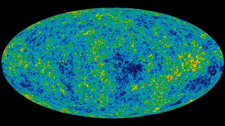 O Universo quando tinha 375 mil anos. Esta imagem é um mapa das diferenças de temperatura na radiação cósmica de fundo