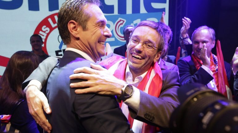Heinz-Christian Strache com Herbert Kickl, secretário-geral do Partido da Liberdade