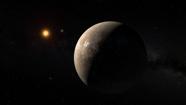 Proxima b, exoplaneta que orbita na zona habitável de Proxima Centauri.