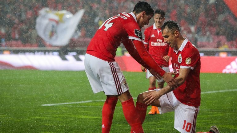 Jonas fez um golo fabuloso e ajoelhou-se perante André Almeida, que já é o jogador com mais assistências do Benfica