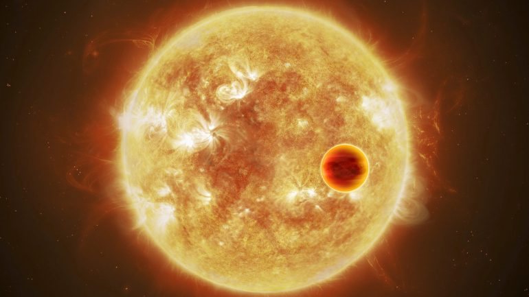 Ilustração de um exoplaneta quente que orbita em torno da estrela no sistema onde se encontra