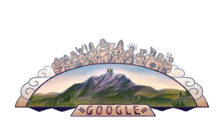 No 'doodle' desta quinta-feira é possível ver três pessoas no topo do Monte Olimpo