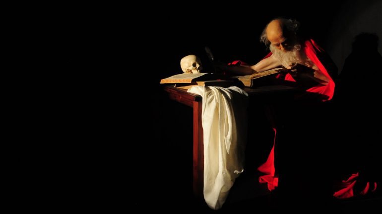 Reconstrução de uma pintura de Caravaggio para a exposição experimental &quot;Caravaggio. La Bottega del Genio?&quot;, em Roma em 2010.