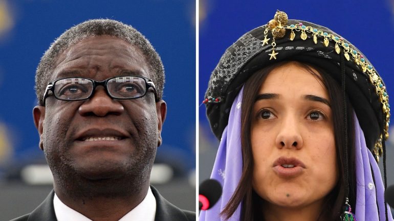 Denis Mukwege e Nadia Murad aquando das respetivas cerimónias de entrega do Prémio Sakharov
