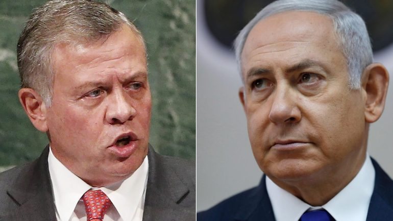 O rei Abdallah II da Jordânia e o primeiro-ministro israelita, Benjamin Netanyahu