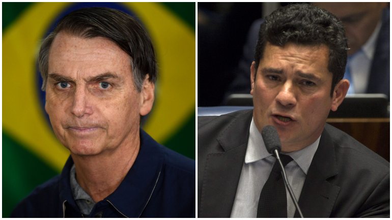 Jair Bolsonaro (esq.) deverá convidar esta quinta-feira o juiz Sérgio Moro (dir.), que mandou prender Lula da Silva, para ministro da Justiça