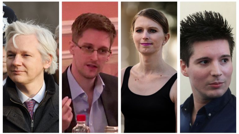 Julian Assange, Edward Snowden, Chelsea Manning e Rui Pinto (da esquerda para a direita)