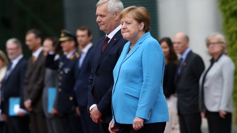 Angela Merkel durante a receção ao primeiro-ministro finlandês, Antti Rinne, esta quarta-feira em Berlim