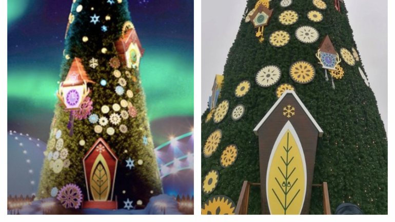 Duas imagens da árvore de Natal da Capital do Natal no Facebook do evento: uma promocional e outra ao vivo
