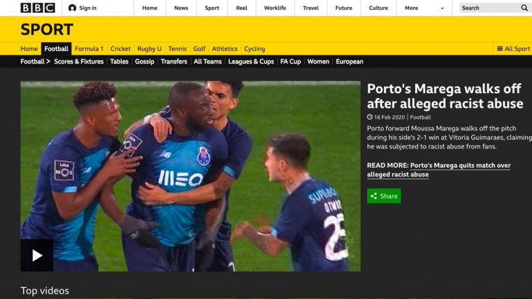 O que se lê na BBC sobre o que aconteceu este domingo com o futebolista Marega em Guimarães