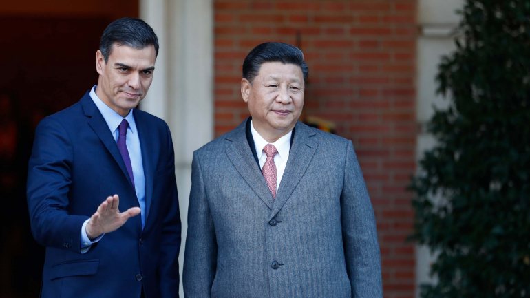 Pedro Sánchez e Xi Jinping durante uma visita oficial do Presidente da China a Espanha, a 28 de novembro de 2018