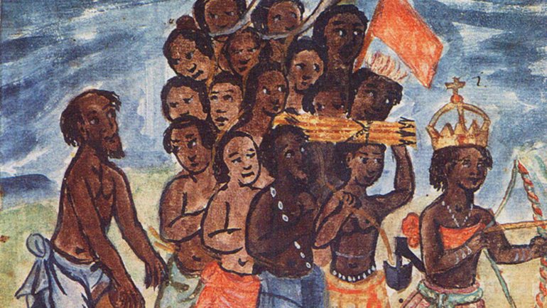Nzinga ou Ginga governou o reino do Ngondo, na atual Angola, durante várias décadas depois da morte do irmão. Nesta miniatura do século XVII, surge armada e acompanhada por uma comitiva de soldados