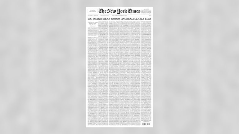 A primeira página do The New York Times deste domingo apresenta apenas uma extensa lista de nomes das vítimas mortais