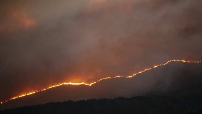 O incêndio de Vilar de Nantes avançou em três frentes que progrediram com alguma intensidade empurradas pelo vento forte e queimaram pinhal e mato na serra do Brunheiro