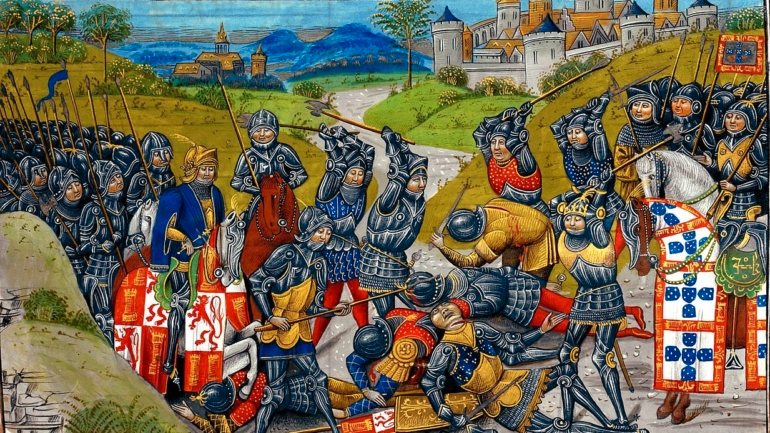 Batalha de Aljubarrota (1385) representada no livro &quot;Anciennes et Nouvelles Chroniques d'Angleterre&quot; (cerca de 1470-80), de Jehan de Wavrin