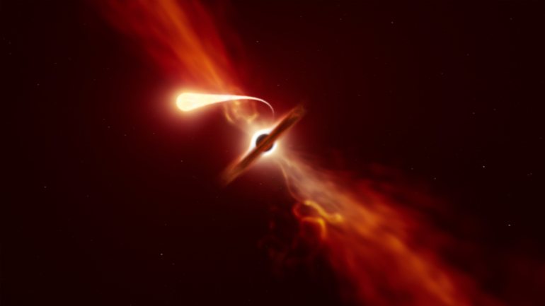 Ilustração de uma estrela a ser sugada por um buraco negro