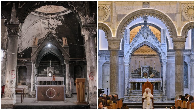 Em 2018, a igreja ainda estava destruída pelo fogo ateado pelo Estado Islâmico. Este domingo, o Papa Francisco visitou-a