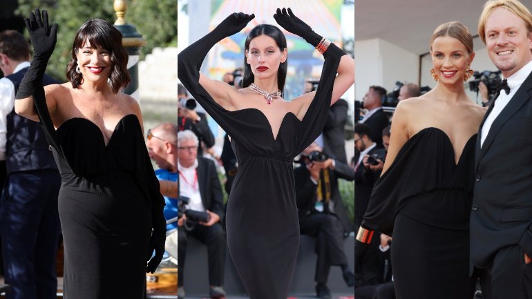 Cristina Fogazzi, Milena Smit e uma terceira convidada optaram por usar o mesmo vestido Saint Laurent para o dia de estreia do 80º Festival de Veneza