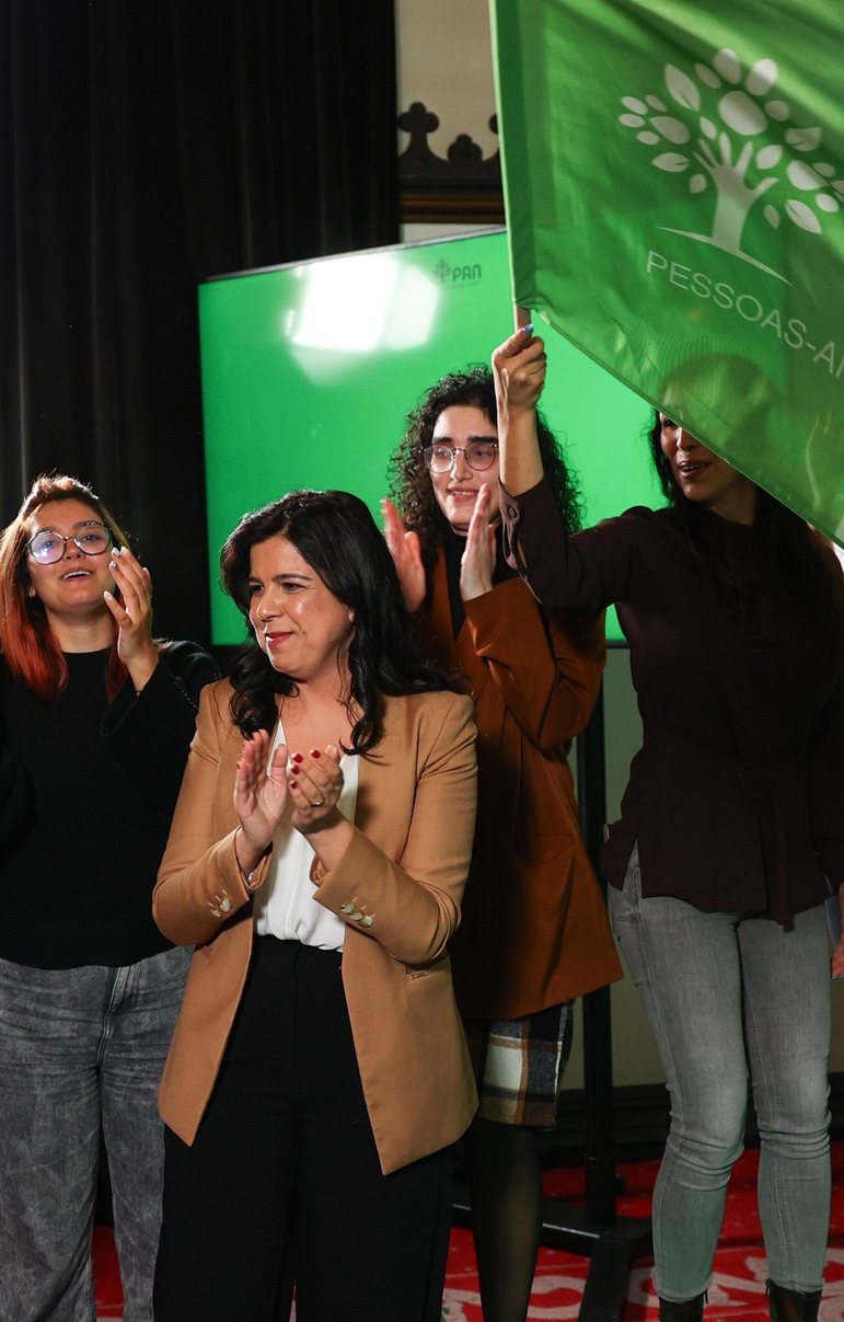 People-Animals-Nature (PAN) Party spokeswoman Ines de Sousa Real (C-R) celebrates his election during the election night of the legislative elections 2024 at Party headquarters in Lisbon, Portugal, 11 March 2024. More than 10.8 million Portuguese are expected to vote to elect 230 deputies to the Portuguese Parliament. Eighteen political forces (15 parties and three coalitions) are running in these elections. ANTONIO COTRIM/LUSA