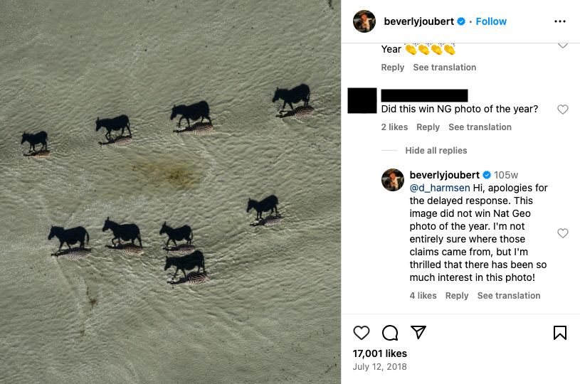 Fact Check, Beverly Joubert confirma que a sua fotografia que mostra jogo de sombras de zebras não foi considerada &quot;Foto do Ano&quot; pela National Geographic