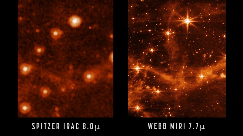 Comparação de imagens do telescópio Spitzer e do James Web