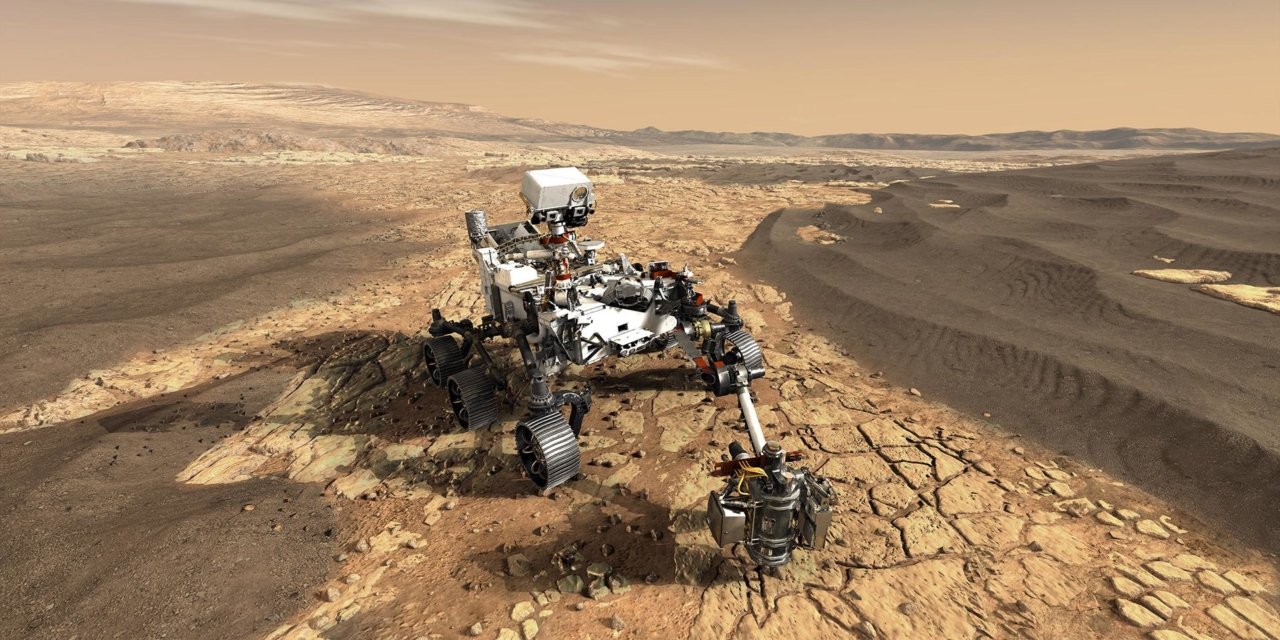 Ilustração do rover Perseverance na cratera Jezero, em Marte