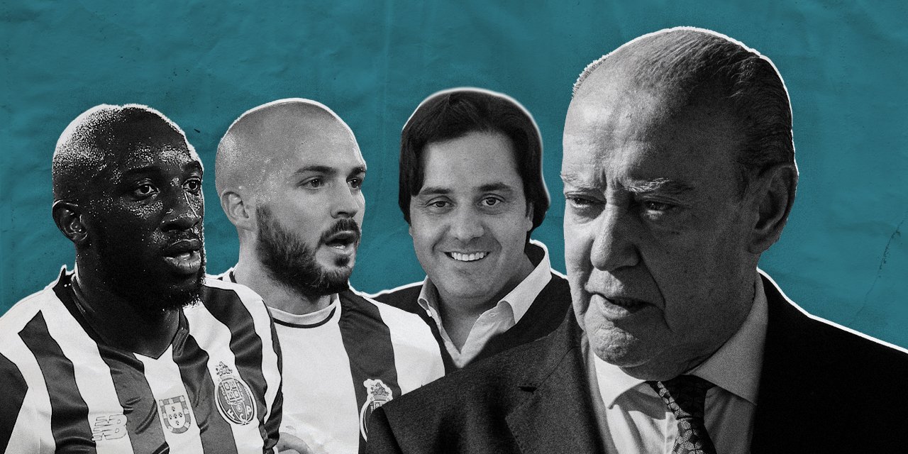 O MP suspeita que Jorge Nuno Pinto da Costa (à direita) terá o empresário Pedro Pinho (2.º a contar da direita) como alegado testa de ferro nos negócios dos futebolistas Marega (1.º a contar da esquerda) e André André (2.º a contar da esquerda)