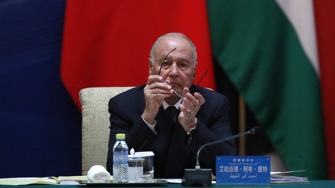 epa06877063 Arab League Secretary-General Ahmed Abul Gheit holds his glasses during a session of the 8th Ministerial Meeting of China-Arab States Cooperation Forum (CASCF) at the Great Hall of the People (GHOP) Beijing, China, 10 July 2018. According to reports, China and Arab states are expected to hold discussions on how to bilaterally advance the Belt and Road Initiative.  EPA/HOW HWEE YOUNG