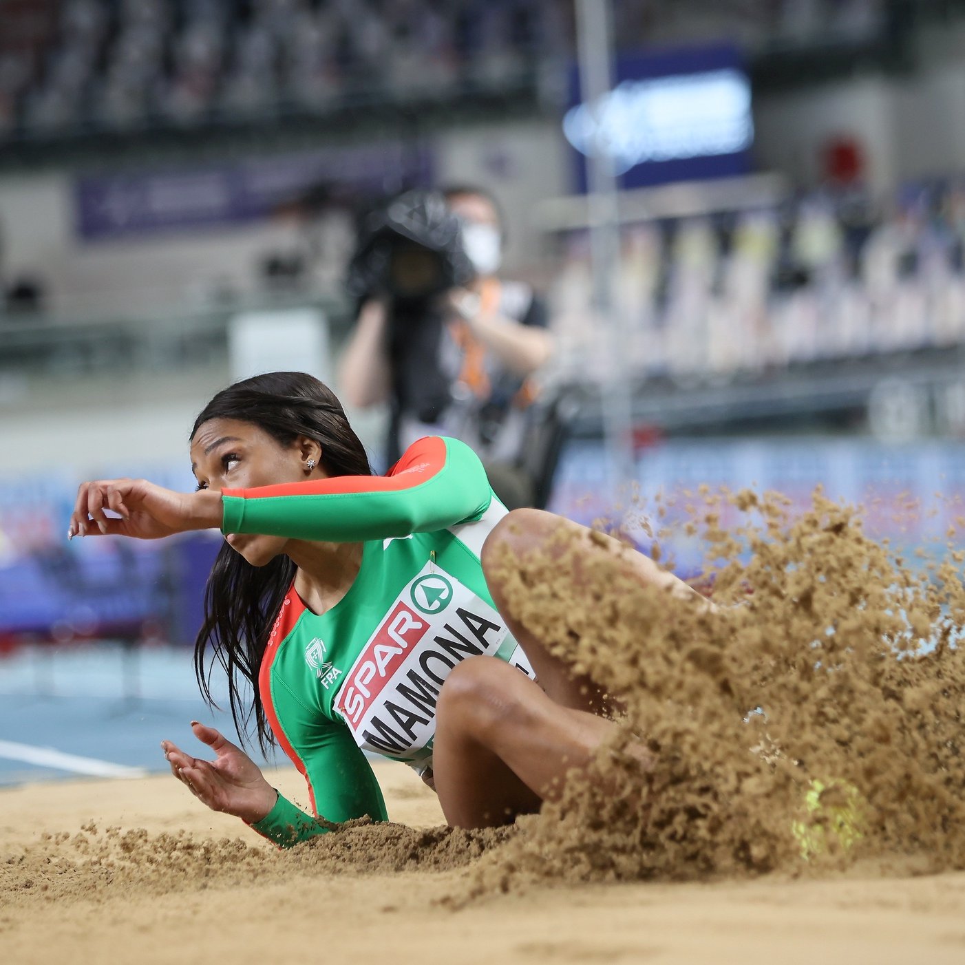 epa09056341 Patricia Mamona of Portugal competes in the women&#039;s Triple Jump qualification of the 36th European Athletics Indoor Championships at the Arena Torun, in Torun, north-central Poland, 06 March 2021.  EPA/LESZEK SZYMANSKI POLAND OUT