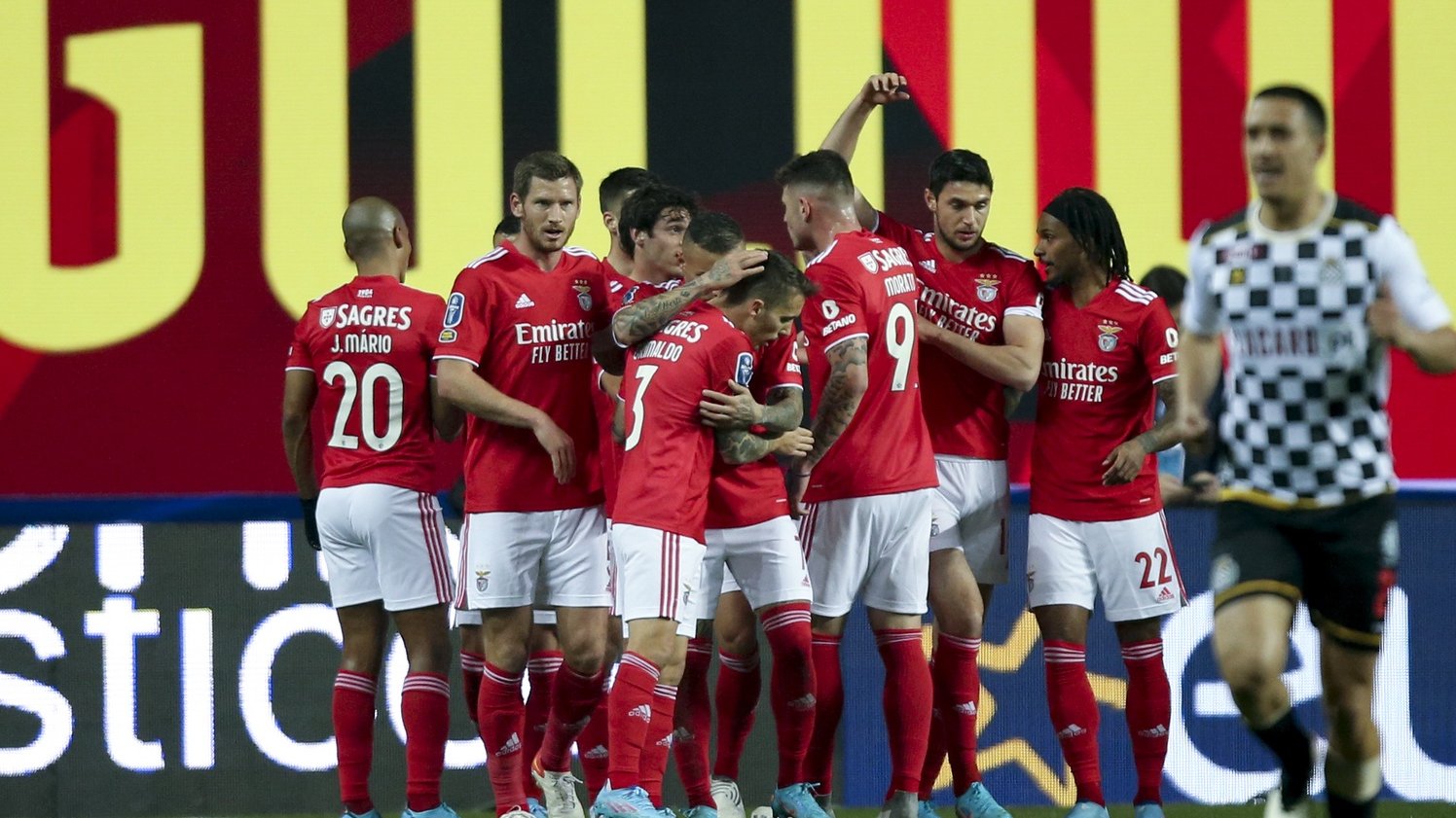 Benfica players celebrate after scoring a goal against Boavista during their Portuguese League Cup semi final soccer match held at Magalhaes Pessoa stadium, in Leiria, Portugal, 25 January 2022. PAULO CUNHA/LUSA