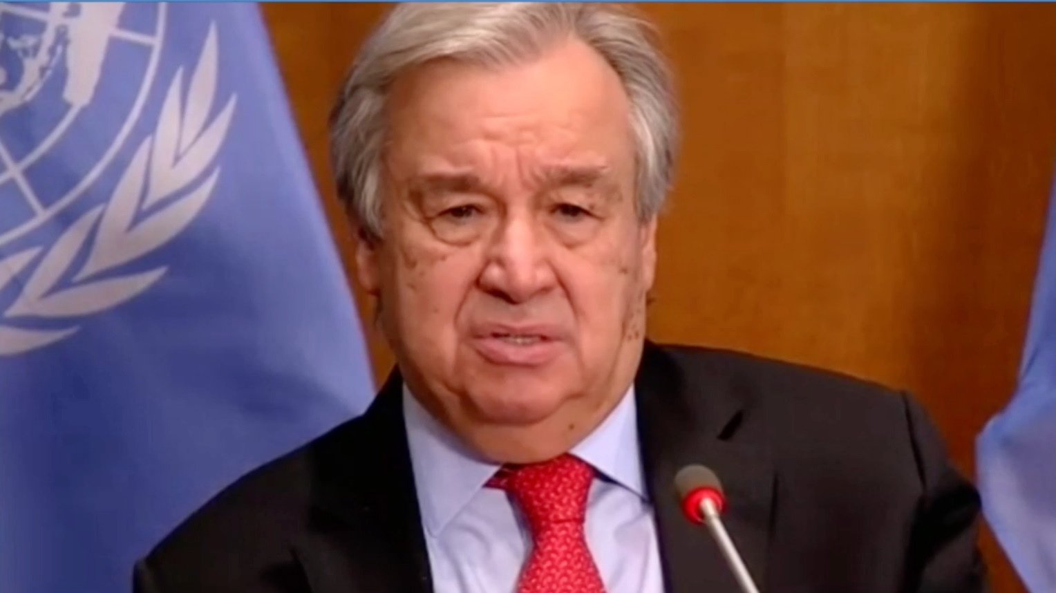 epa08964975 A still image obtained from a live video feed by the World Economic Forum (WEF) shows Secretary-General of the United Nations Antonio Guterres as he delivers Special Address during a virtual meeting of the World Economic Forum, 25 January 2021. The World Economic Forum (WEF) was scheduled to take place in Davos. Due to the Coronavirus outbreak, it will be held online in a digital format from January, 25-29.  EPA/PASCAL BITZ / WEF HANDOUT MANDATORY CREDIT / HANDOUT EDITORIAL USE ONLY/NO SALES