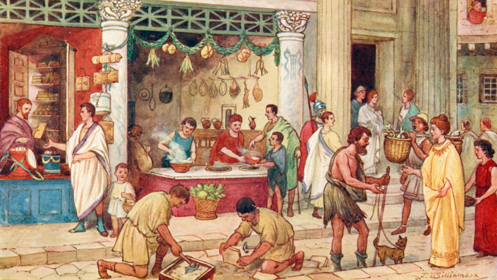The Roman Empire - street scene with vendors.